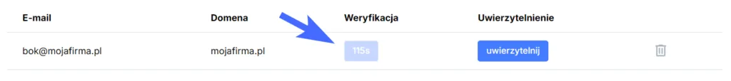 Informacja o czasie jaki pozostał na weryfikację adresu e-mail