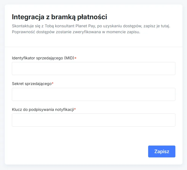 Integracja z bramką płatności - wprowadzanie kluczy dostępowych