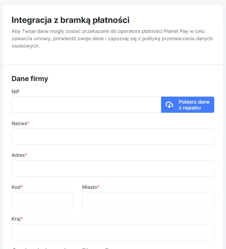 Integracja z bramką płatności - uzupełnienie danych firmy