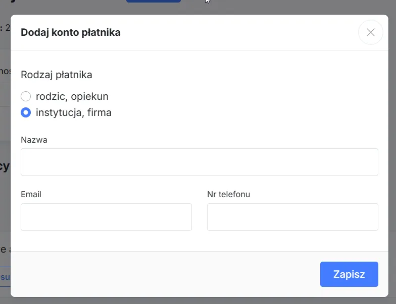 Dodawanie płatnika - opcja “instytucja, firma”