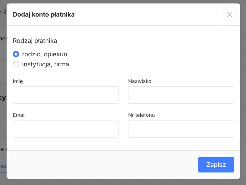 Dodawanie płatnika - opcja “rodzic / opiekun’