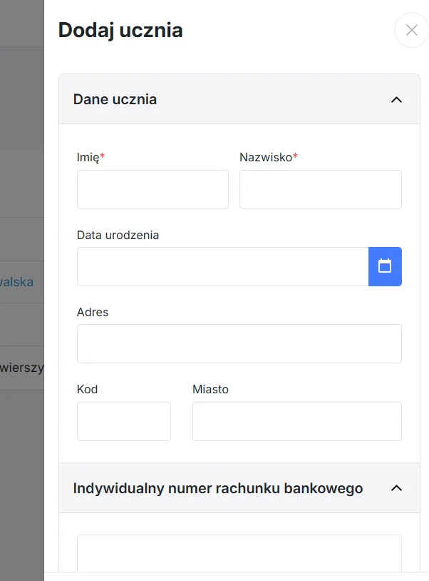 Dodawanie ucznia - podgląd formularza