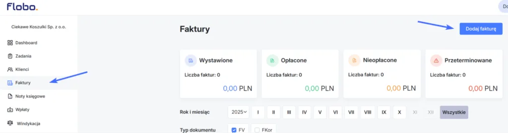 Panel Flobo - dodawanie nowej faktury