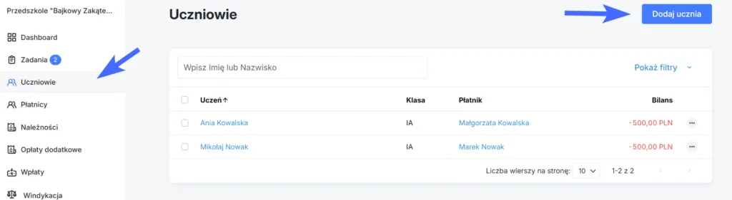 Panel Flobo - dodawanie ucznia