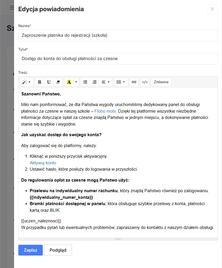 Edycja treści powiadomienia