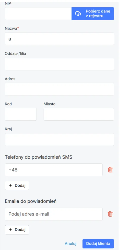 Formularz dodawania nowego Klienta