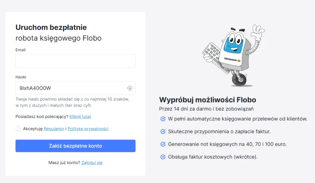 Formularz rejestracji w aplikacji Flobo