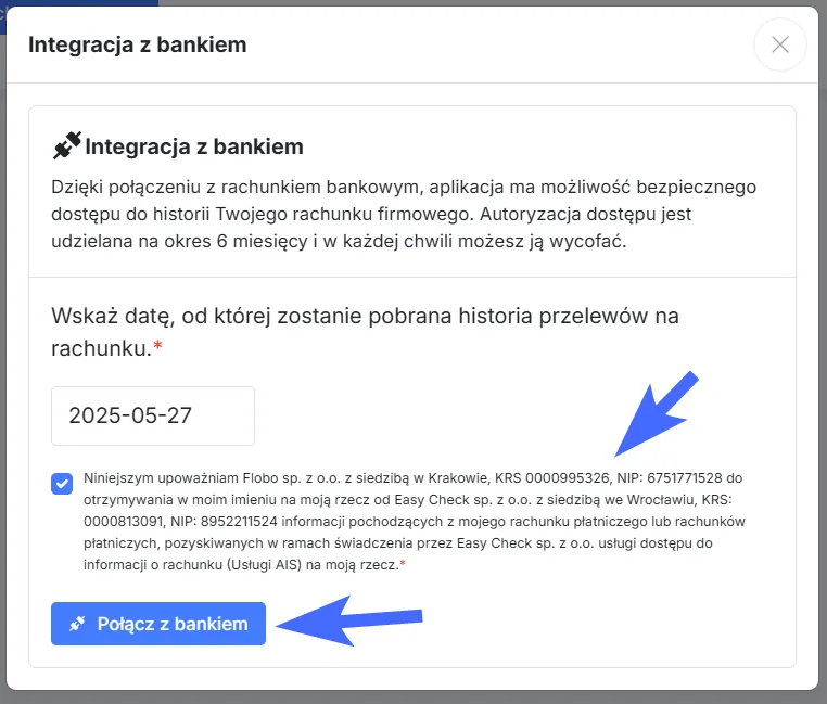 Integracja z bankiem - zaznaczenie wymaganej zgody