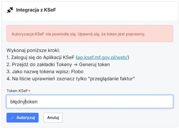 Integracja z KSeF - powiadomienie o nieprawidłowej autoryzacji