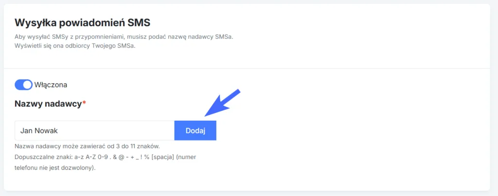Podanie nazwy nadawcy wiadomości SMS