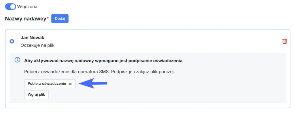 Pobranie oświadczenia dla operatora SMS