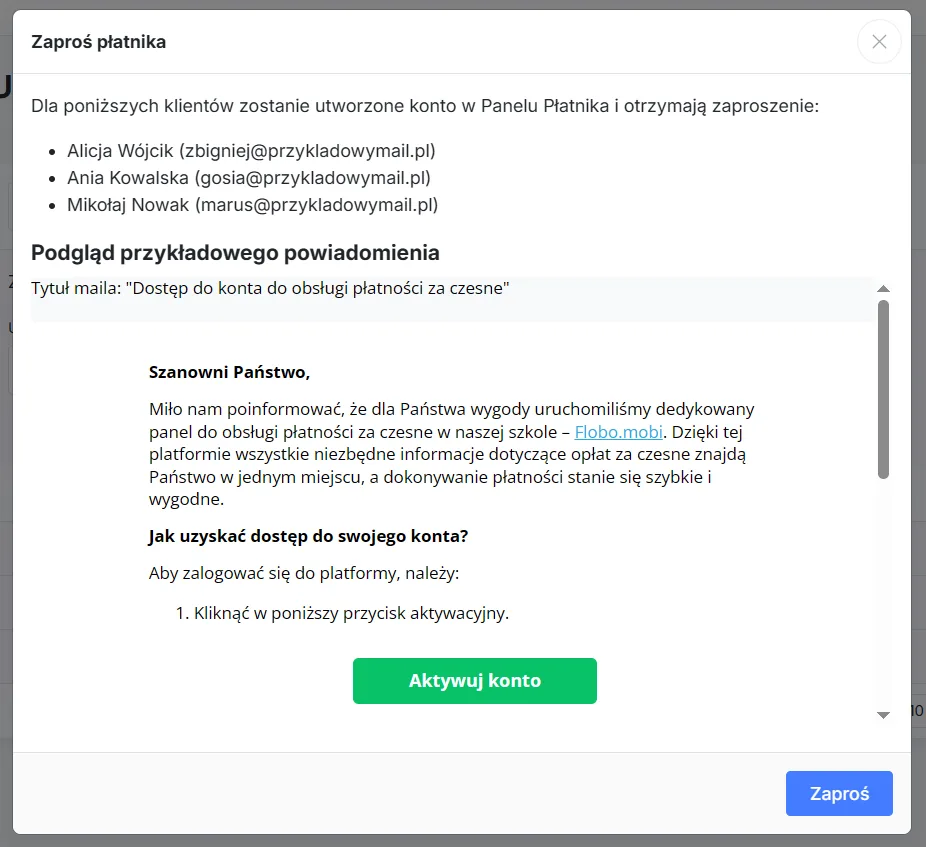 Powiadomienie o wysyłce zaproszenia do płatników
