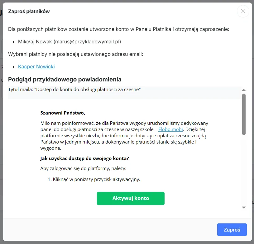 Zaproszenie płatników - informacja o braku adresu e-mail
