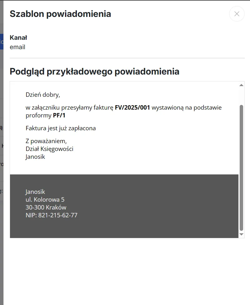 Podgląd powiadomienia e-mail