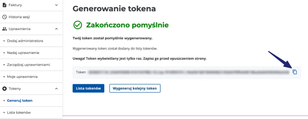 Integracja z KSeF - wygenerowany token