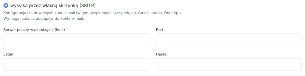 Wysyłka przez serwer SMTP - pola do uzupełnienia