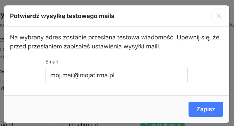 Wysłanie testowej wiadomości na wskazany adres e-mail