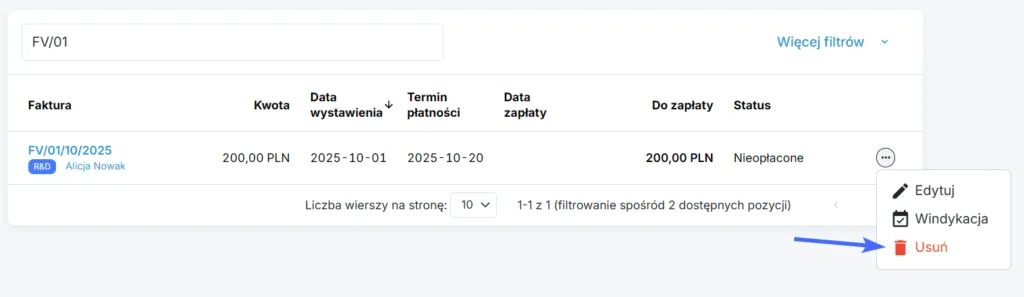 Przycisk służący do usunięcia wybranej faktury