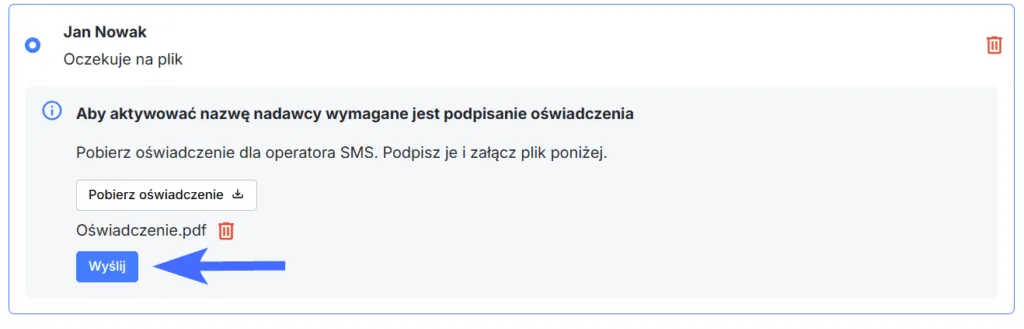 Wgranie podpisanego oświadczenia i wysłanie go