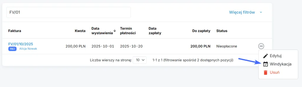 Przycisk do uruchomienia windykacji na wybranej fakturze