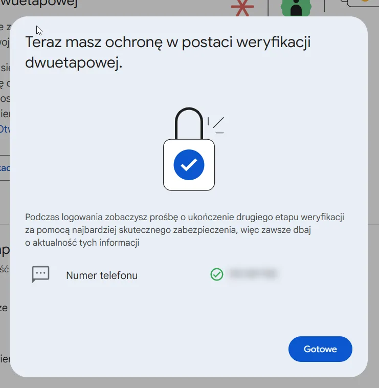 Komunikat o udanym włączeniu weryfikacji dwuetapowej na koncie Google