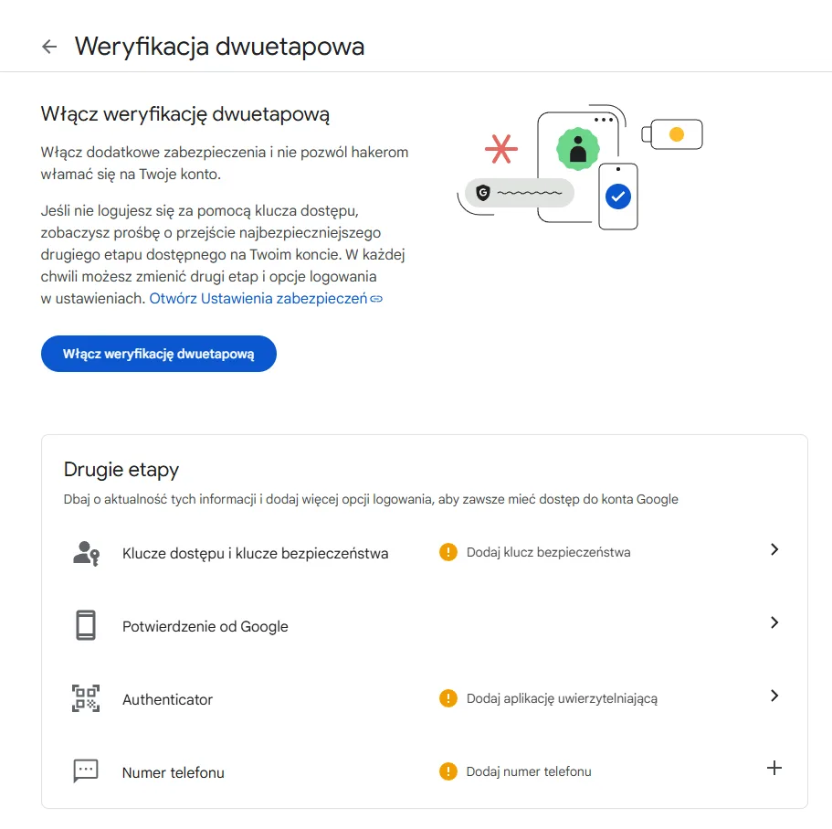 Włącznie weryfikacji dwuetapowej na koncie Google