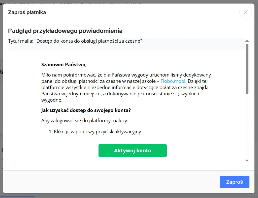 Zapraszanie płatnika do panelu - podgląd powiadomienia